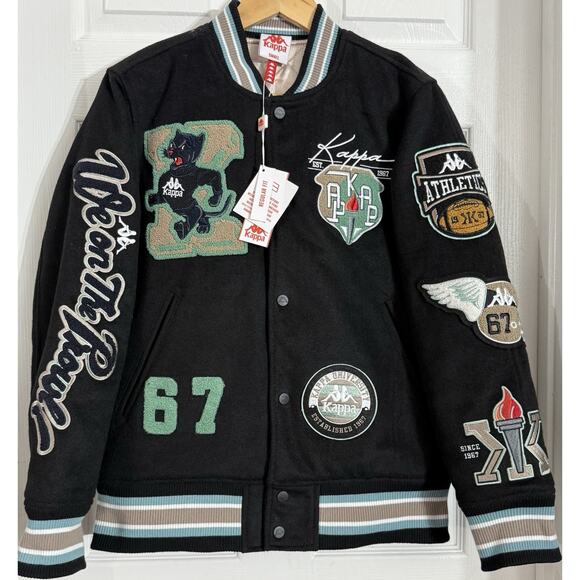 NEW Kappa Men Authentic Carlton Black Brown Chant Letterman Varsity Coat Small S - Picture 1 of 6